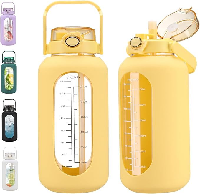 74 oz Glass Water Bolttles with Straw Large Motivational Water Bottle with Time Marker Sports Water Bottles with Silicone Sleeve and Handle Lid 2.2L Water Jug for Gym Workout
