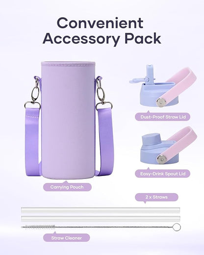 40 oz Insulated Water Bottle with Straw Lid, BUZIO Stainless Steel Water Flask Keep Cold 48h with Carrying Pouch, Lead-Free Double Wall Vacuum Thermo Tumbler Leak Proof Sport Metal Canteen, Purple