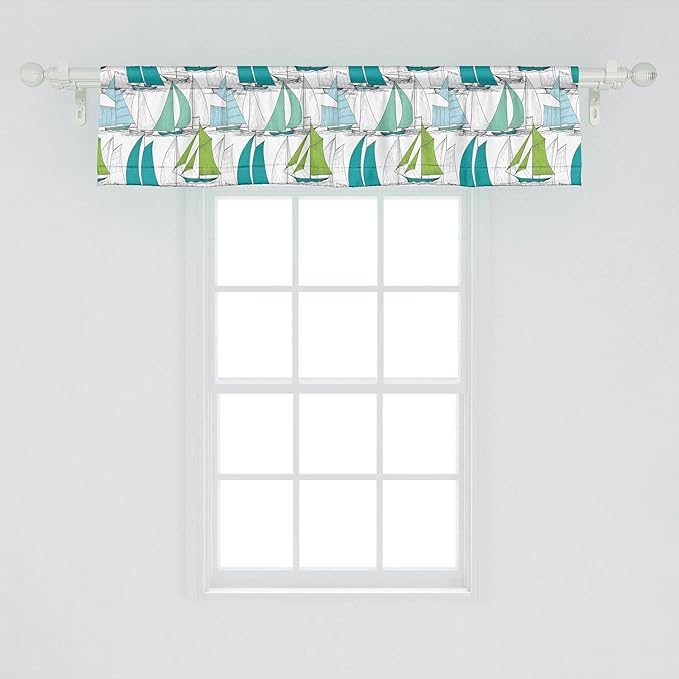 Ambesonne Nautical Window Valance Pack of 2, Sailing Boats on The Ocean Surfing Coastal Theme Marine Life Colorful Maritime, Rod Pocket Curtain Valances for Kitchen Bedroom, 54" X 12", Teal Green