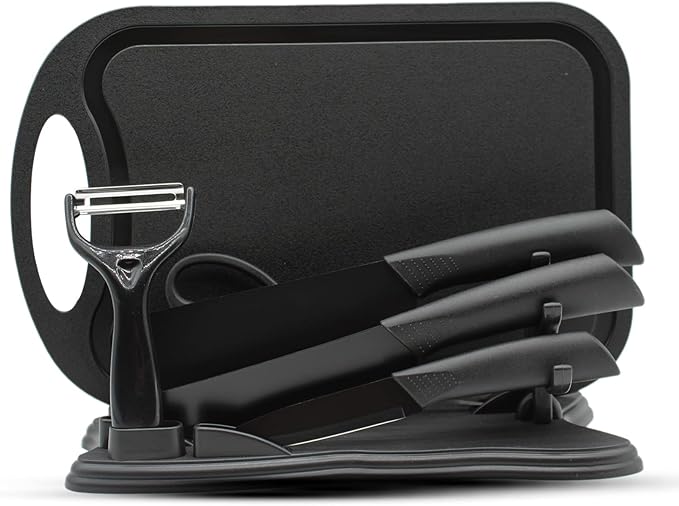 Magicorange 7-Piece Kitchen Knife Set - 5 Black Stainless Steel Knives with Sheaths, Cutting Board, and a Knife Block- Stainless Steel Kitchen Knives with PP Ergonomic Handle (Black)