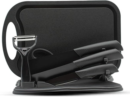 Magicorange 7-Piece Kitchen Knife Set - 5 Black Stainless Steel Knives with Sheaths, Cutting Board, and a Knife Block- Stainless Steel Kitchen Knives with PP Ergonomic Handle (Black)