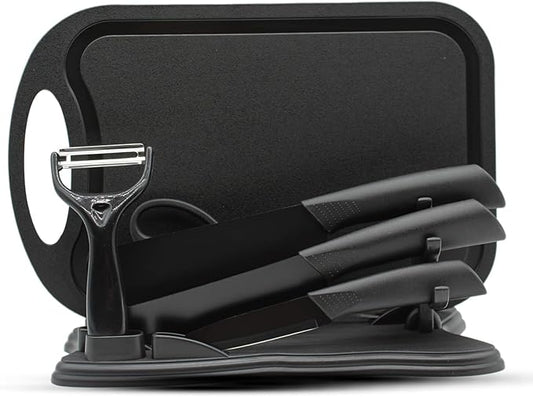 Magicorange 7-Piece Kitchen Knife Set - 5 Black Stainless Steel Knives with Sheaths, Cutting Board, and a Knife Block- Stainless Steel Kitchen Knives with PP Ergonomic Handle (Black)