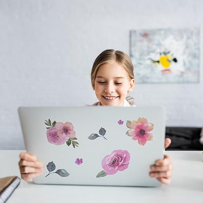 60 Pcs Flower Wall Decals, Watercolor Leaves Wall Stickers Flower Decor for Girls Bedroom Computer Lockers Living Room, 4 Sheets