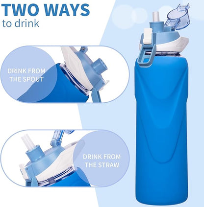 32 oz Sports Glass Water Bottle with Straw & Silicone Sleeve Reusable BPA-free Borosilicate Glass Drinking Bottle with Flip Top Lid & Handle Wide Mouth (Dark Blue)