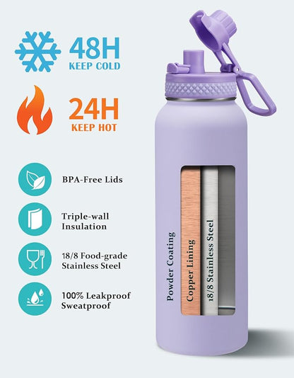 40 oz Water Bottle with Straw Spout Lids - Cold 48H Hot 24H Insulated Water Bottle Carrying Sleeve with Strap Handle, Bottom Boot, Leak-Proof Stainless Steel Thermal Flask for Women, Lilac Purple