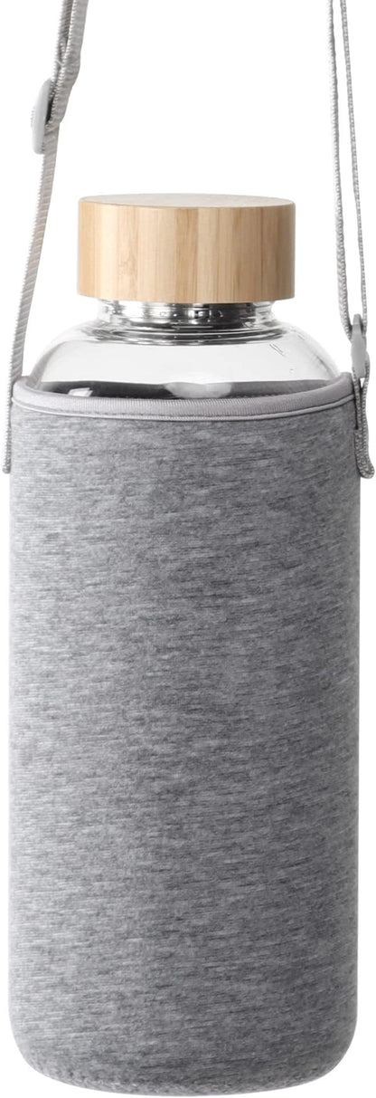 50 Oz Glass Water Bottle Wide Mouth with Time Markers, Bamboo Lid, Neoprene Sleeve Bpa Free