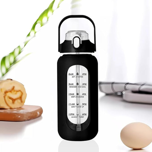 64oz Glass Water Bottle with Straw - Half Gallon Large Motivational Water Bottle with Silicone Sleeve Time Marker, Ideal for Gym, Sports, Workouts, Daily