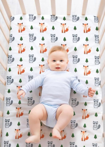 4 Pack Woodland Forest Animals Wood Neutral Unisex Fitted Baby Crib Sheets Set for Baby Boys or Girls Fox