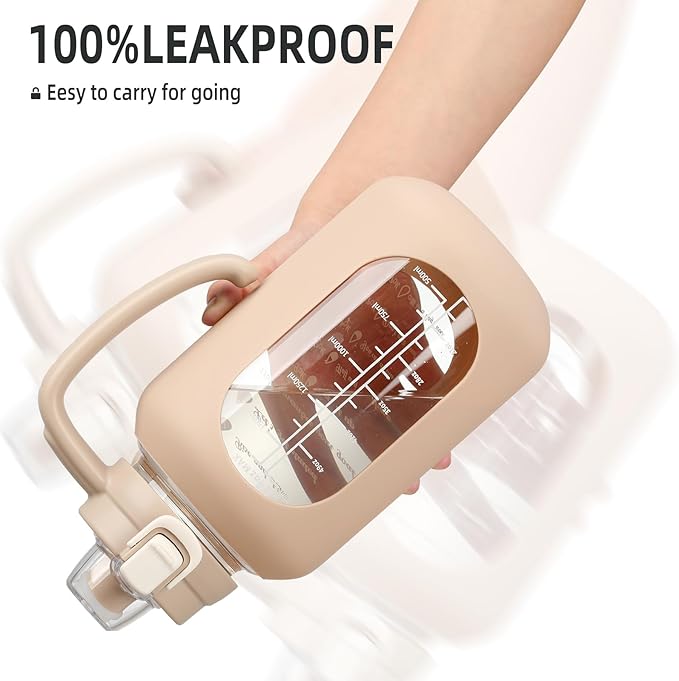 64 oz Glass Water Bolttles Half Gallon Large Motivational Water Bottle with Time Marker Sports Water Bottles with Silicone Sleeve and Handle Lid Water Jug for Gym Workout