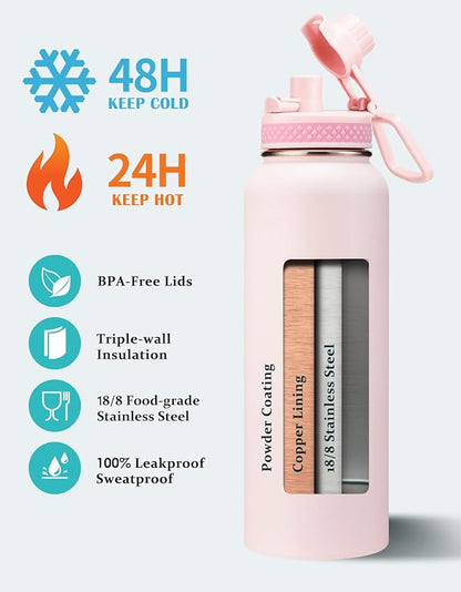 Pink 40 oz Insulated Water Bottle - with Straw Spout Lids, Triple Wall Stainless Steel Water Bottles Cold 48H Hot 24H, Wide Mouth Hydro Jug Metal Flask with Handle, Strap Carrier Bag for Women