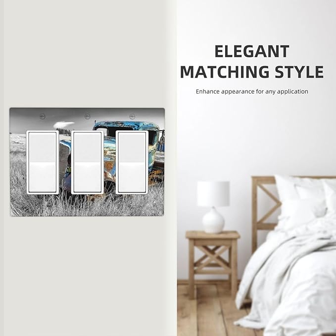 Vintage Country Old Blue Truck 3 Gang Rocker Light Switch Plate Rustic Automobile Triple Decora Outlet Wall Plate Cover Faceplate Decorative Switchcovers GFCI for Bathroom Bedroom Livingroom Decor