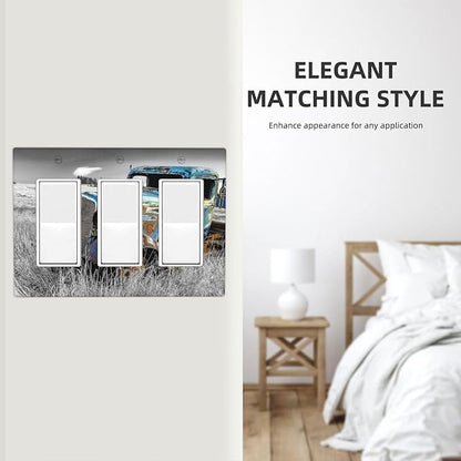 Vintage Country Old Blue Truck 3 Gang Rocker Light Switch Plate Rustic Automobile Triple Decora Outlet Wall Plate Cover Faceplate Decorative Switchcovers GFCI for Bathroom Bedroom Livingroom Decor