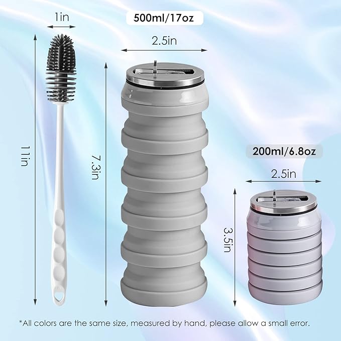 BeHeSo Collapsible Water Bottles with Silicone Brush - Straw Silicone Foldable Water Bottle Reusable Camping Cup Leak Proof Portable Travel Sport Water Bottle-500ml/17oz (Grey)