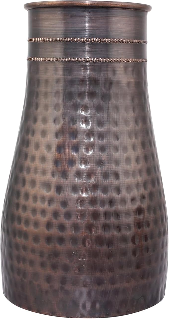 AAYUVEDA® Pure Copper Hammered Antique Bedroom Water Bottle 34oz, with In-Built Glass (Loose Lid, Pack of 1)