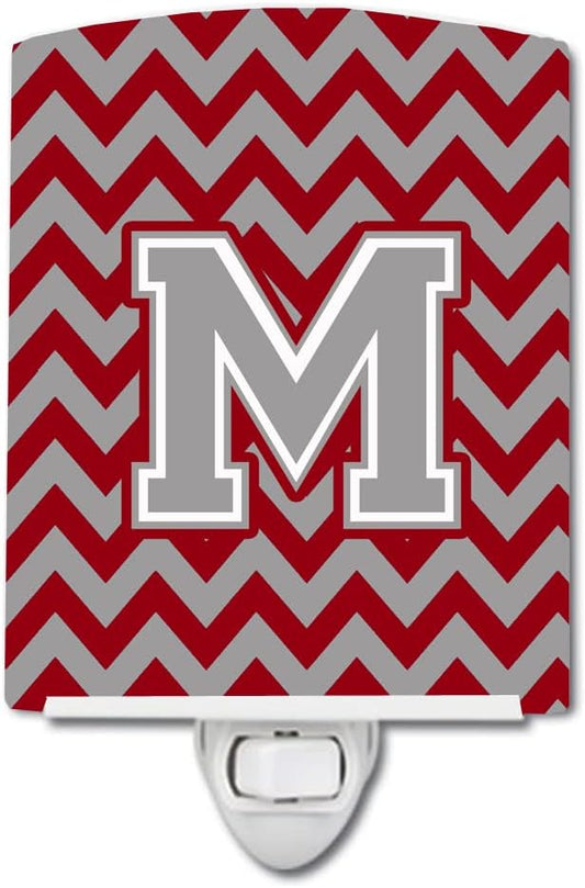 Caroline's Treasures CJ1043-MCNL Letter M Chevron Crimson and Grey Ceramic Night Light Compact, UL-Certified, Ideal for Bedroom, Bathroom, Nursery, Hallway, Kitchen, 6x4x3, Multicolor