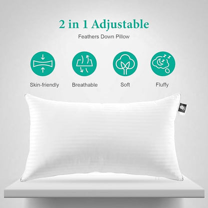 APSMILE 2-in-1 Assembleable Goose Feathers Down Pillow for Sleeping, Standard/Queen Size Soft-Medium-Firm Adjustable Bed Pillow Insert for Stomach, Back or Side Sleepers, 20x28
