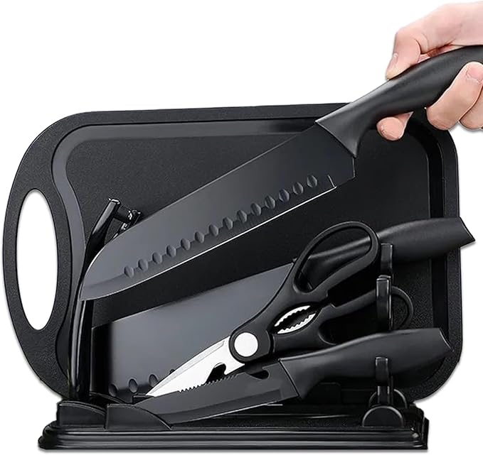Magicorange 7-Piece Kitchen Knife Set - 5 Black Stainless Steel Knives with Sheaths, Cutting Board, and a Knife Block- Stainless Steel Kitchen Knives with PP Ergonomic Handle (Matte Black)