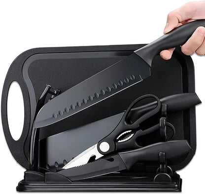 Magicorange 7-Piece Kitchen Knife Set - 5 Black Stainless Steel Knives with Sheaths, Cutting Board, and a Knife Block- Stainless Steel Kitchen Knives with PP Ergonomic Handle (Matte Black)