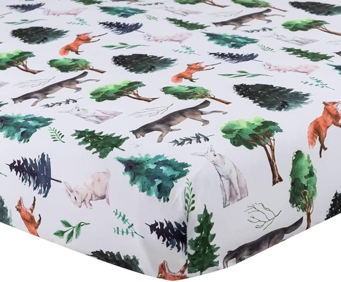 4 Pack Woodland Forest Animals Wood Neutral Unisex Fitted Baby Crib Sheets Set for Baby Boys or Girls