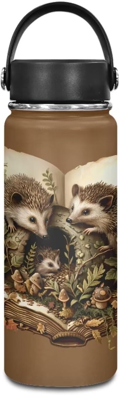 Cute Hedgehog Insulated Water Bottles with Handle, 18 Oz Stainless Steel Metal Water Bottle, Cold & Hot Water Bottle Travel Cup for Travel Camping Hiking