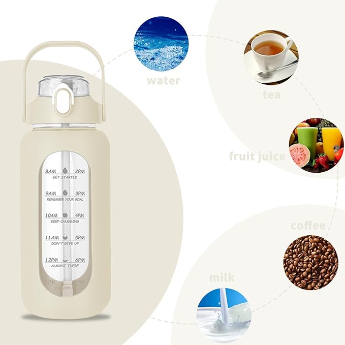 64oz Glass Water Bottle with Straw - Half Gallon Large Motivational Water Bottle with Silicone Sleeve Time Marker, Ideal for Gym, Sports, Workouts, Daily