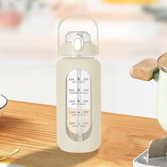 64oz Glass Water Bottle with Straw - Half Gallon Large Motivational Water Bottle with Silicone Sleeve Time Marker, Ideal for Gym, Sports, Workouts, Daily