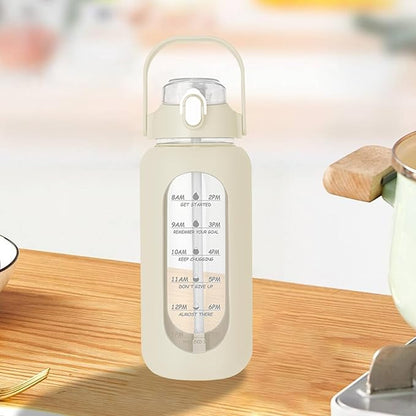 64oz Glass Water Bottle with Straw - Half Gallon Large Motivational Water Bottle with Silicone Sleeve Time Marker, Ideal for Gym, Sports, Workouts, Daily