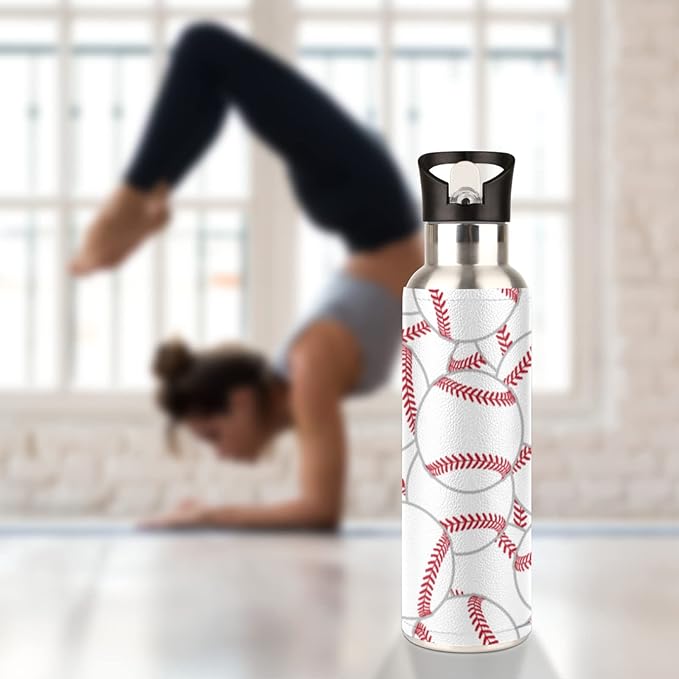 Stainless Steel Sports Water Bottle with Straw, 20 oz Vacuum Insulated Cup, Keeps Hot Cold Canteen Water Bottles For Cycling Travel Hiking (baseball)