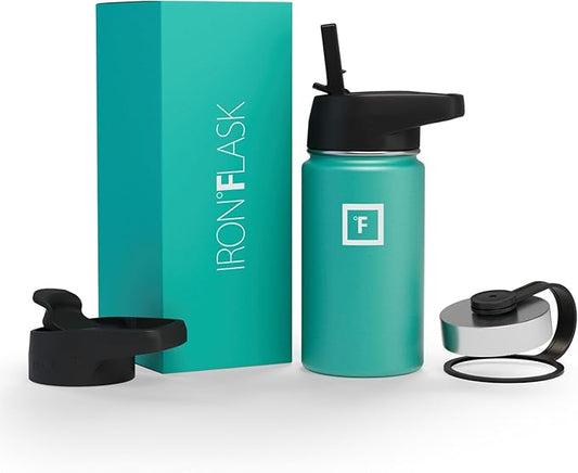 IRON °FLASK Sports Water Bottle - Wide Mouth with 3 Spout Lids - Stainless Steel Gym & Outdoor Bottles for Men, Women & Kids - Double Walled, Insulated Thermos, Metal Canteen - Aquamarine, 18 Oz
