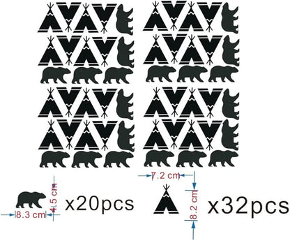 DIY 52 Pieces/Pack Tribal Tent and Bear Wall Decor Sticker for Kids Room Nursery Bedroom Baby Decoration Vinyl Wall Decal Mural AFN109 (Black)