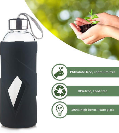 32 oz Borosilicate Glass Water Bottle BPA Free Reusable Glass Drinking Bottle with Silicone Sleeve and Stainless steel Lid