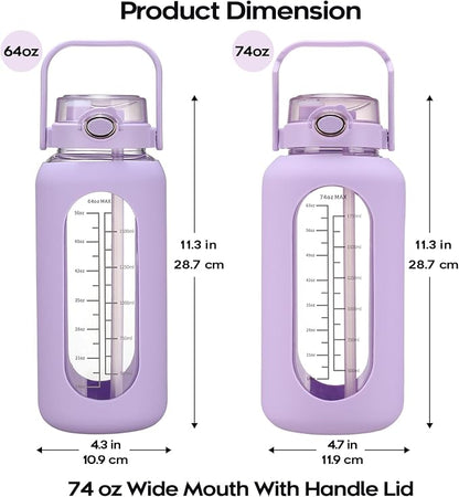 74 oz Glass Water Bolttles with Straw Large Motivational Water Bottle with Time Marker Sports Water Bottles with Silicone Sleeve and Handle Lid 2.2L Water Jug for Gym Workout