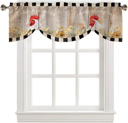 Farmhouse Blackout Tie Up Valance Curtains for Kitchen Windows Sunflower Vintage Farm Chicken Window Toppers Balloon Shades for Living Room/Bathroom/Bedroom,1 Panel,42" X 18" Black White Plaid