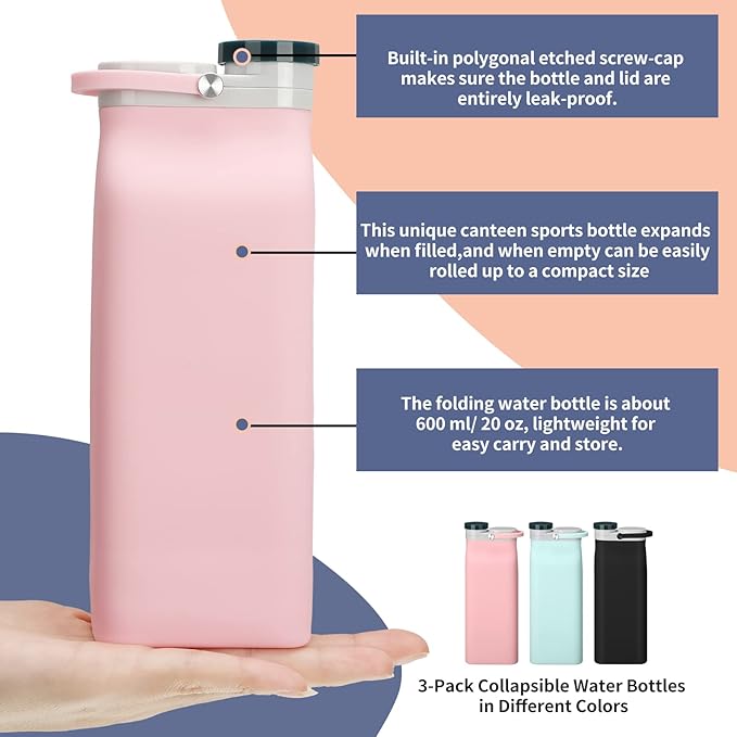 Ctosree 3 Pcs Collapsible Water Bottles 20 oz Foldable Portable Silicone Water Bottle Leak Proof Travel Water Bottle Lightweight Folding Water Bottle for Sports Traveling Hiking