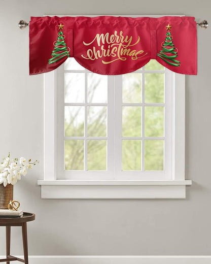 Merry Christmas Blackout Tie Up Valance Curtains for Kitchen Windows Christmas Tree Window Toppers Balloon Shades for Living Room/Bathroom/Bedroom,1 Panel,60" X 18" Winter Holidays