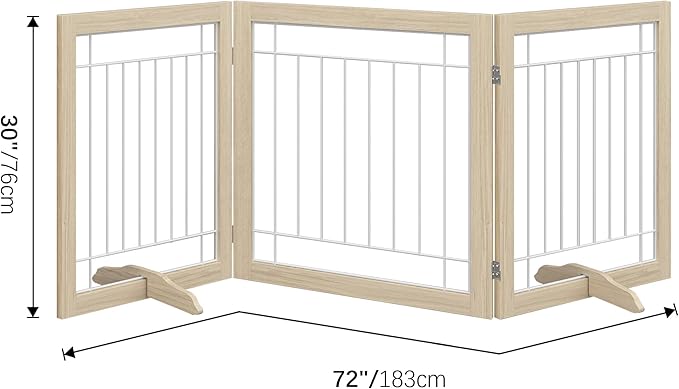 Folding No-Assembly Pet Gate 72" Wide, 30" Tall Wooden Dog Gate, Freestanding Wire Pet Gate, Pet Puppy Safety Fence, with 2PCS Support - Natural White