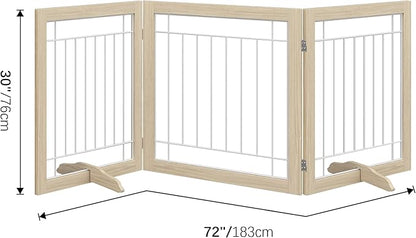 Folding No-Assembly Pet Gate 72" Wide, 30" Tall Wooden Dog Gate, Freestanding Wire Pet Gate, Pet Puppy Safety Fence, with 2PCS Support - Natural White