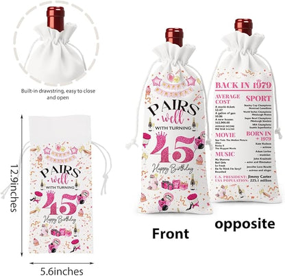 45th Birthday Gifts for Women Men Wine Bag, 45 Year Old Birthday Gifts for Men, 45th Birthday Party Decorations for Women Men, Pairs Well with Turning 45 Wine Bags (White Pink)