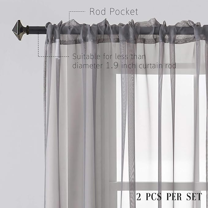 Grey Sheer Voile Curtains Gray Sheer Curtain Translucent Solid Color Window Treatment 63 Inches Long Panels Rod Pocket Grey Drapes for Bedroom Living Room 2 Panels 52x63