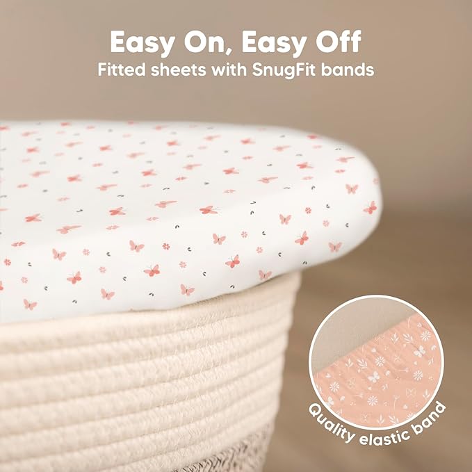 2-Pack Baby Bassinet Sheets Girl,Boy - Viscose Derived from Bamboo Fitted Bassinet Sheets Compatible with Halo Bassinest Swivel Sleeper,Baby Delight,Graco Bedside Bassinet Mattress Sheet (Butterflies)