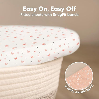 2-Pack Baby Bassinet Sheets Girl,Boy - Viscose Derived from Bamboo Fitted Bassinet Sheets Compatible with Halo Bassinest Swivel Sleeper,Baby Delight,Graco Bedside Bassinet Mattress Sheet (Butterflies)