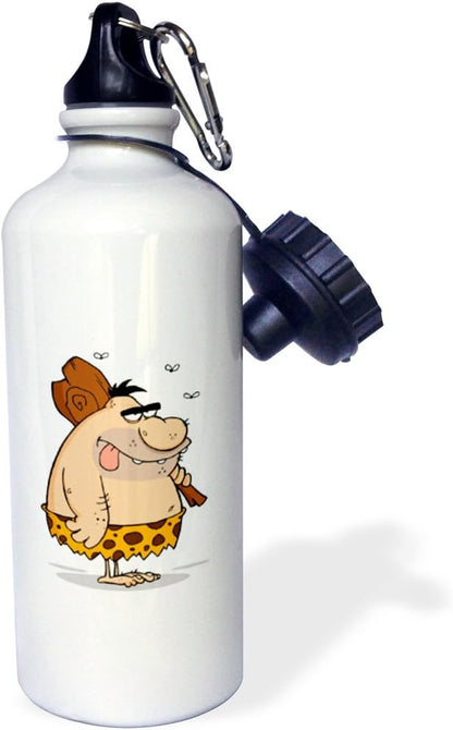 3dRose "Funny Goofy Caveman Cartoon With Club" Sports Water Bottle, 21 oz, White