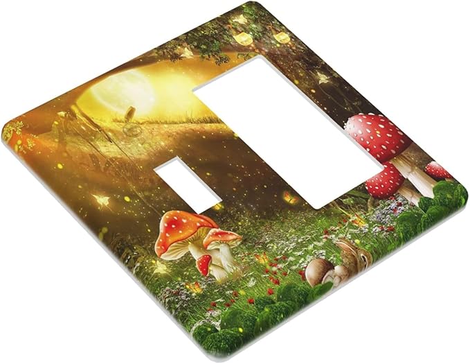 Red Mushroom Forest Fairy Moon Butterfly 2 Gang Single Toggle Rocker Combination Bohemian Light Switch Covers Decorative Wall Plate Cover Electrical Faceplate Switchplate for Kidroom