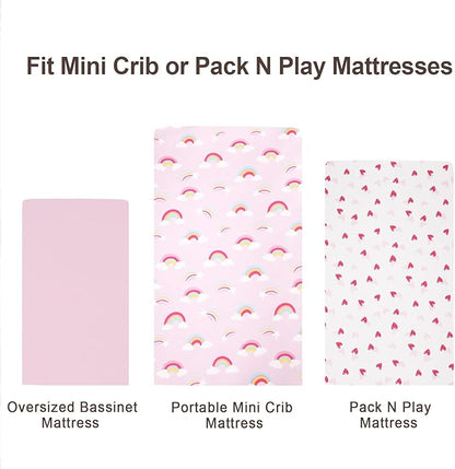 3 Pack Mini Crib Sheets, Premium Pack N Play Sheets for Boys Girls Neutral, Soft Breathable Baby Sheets Fit Pack N Play, Playard and Mini Crib Mattresses, Rainbow