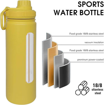 22oz Insulated Water Bottle ，Stainless Steel Sports Water Cup Flask with 2 Lids, Wide Mouth Travel Thermal Mug,Outdoor Sports Bottle（Mango yellow）