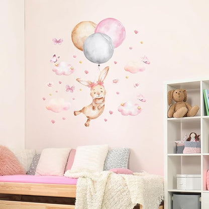 Bunny Air Balloon Animals Wall Decals Pink Heart Cloud Nursery Wall Stickers Baby Girls Room Wall Decor