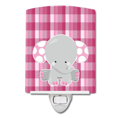 Caroline's Treasures BB6952CNL Elephant Pink Gingham Ceramic Night Light Compact, UL-Certified, Ideal for Bedroom, Bathroom, Nursery, Hallway, Kitchen, 6x4x3, Multicolor