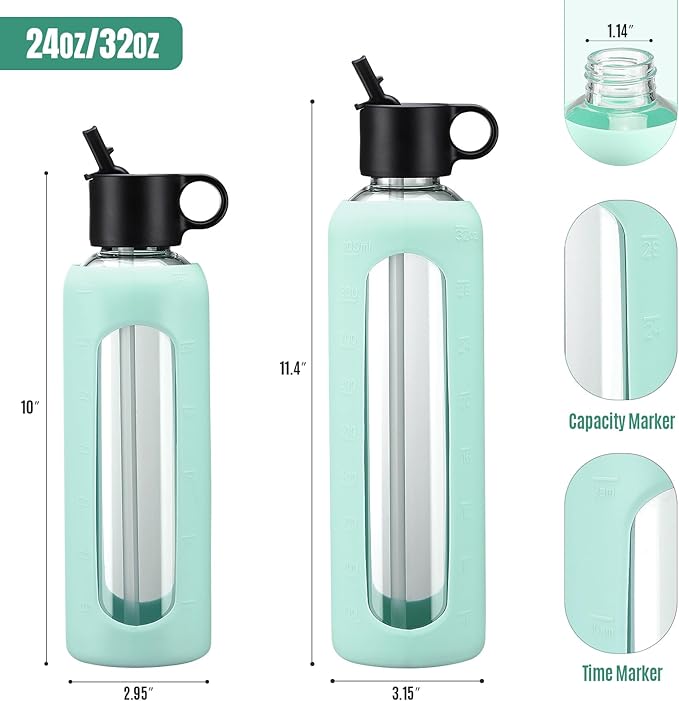 32oz Glass Water Bottle With 2 Lids-Flip Straw Lid, Bamboo Lid, Glass Water Bottle With Silicone Sleeve, Motivational Time Marker, Glass Juice Bottle for Cold Drink,Light Blue