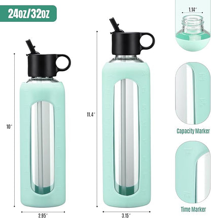 32oz Glass Water Bottle With 2 Lids-Flip Straw Lid, Bamboo Lid, Glass Water Bottle With Silicone Sleeve, Motivational Time Marker, Glass Juice Bottle for Cold Drink,Light Blue