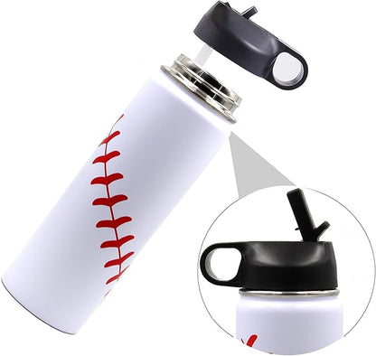 22 oz Baseball Water Bottle, Flask Sports with 2 Lids Double Wall Vacuum Insulated Stainless Steel Wide Mouth Hot & Cold Thermo Mug (22oz, White baseball)